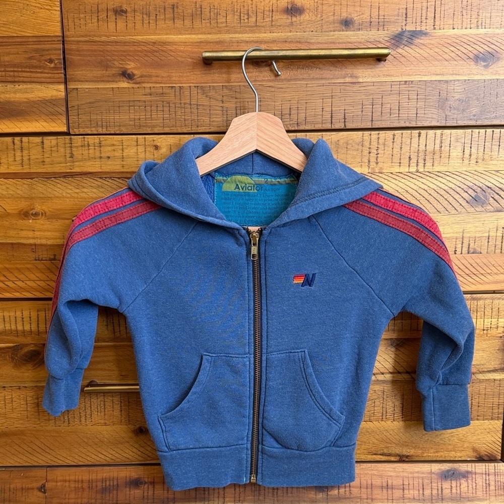 Aviator Nation Kids Blue Zip-Up Hoodie with Red Stripe